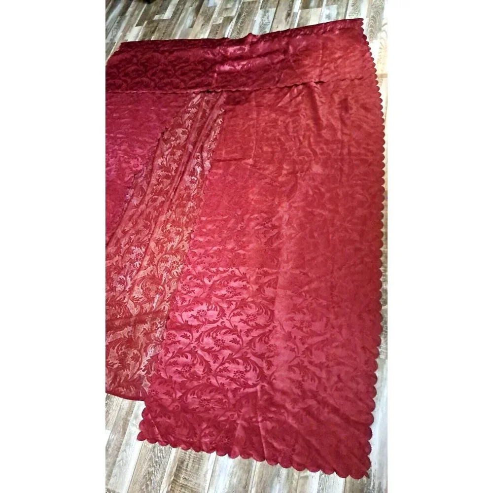 Burgundy Satin Curtain W Valance & Lace One Piece Gothic Victorian Floral 82x58